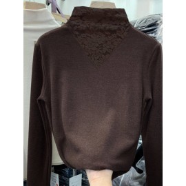 Women's Tee Long Sleeve Solid Color Lace Patchwork Slim Fit Basic Top
