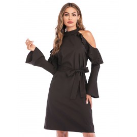 Women's Tunic Dress Hollow Shoulder Flare Sleeve Solid Color Midi Dress