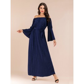 Women's Aline Dress Pleated Flare Sleeve Slash Neck Arabian Dress