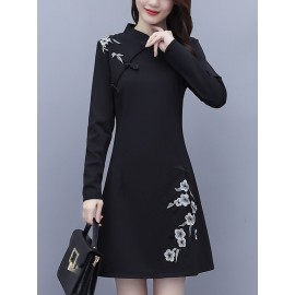 Women's A-Line Dress Fashion Embroidery Mandarin Collar Graceful Midi Dress