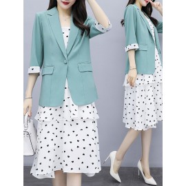 Women's Two-Piece Outfit Fashion Half Sleeve Blazer Heart Print Midi Dress Set