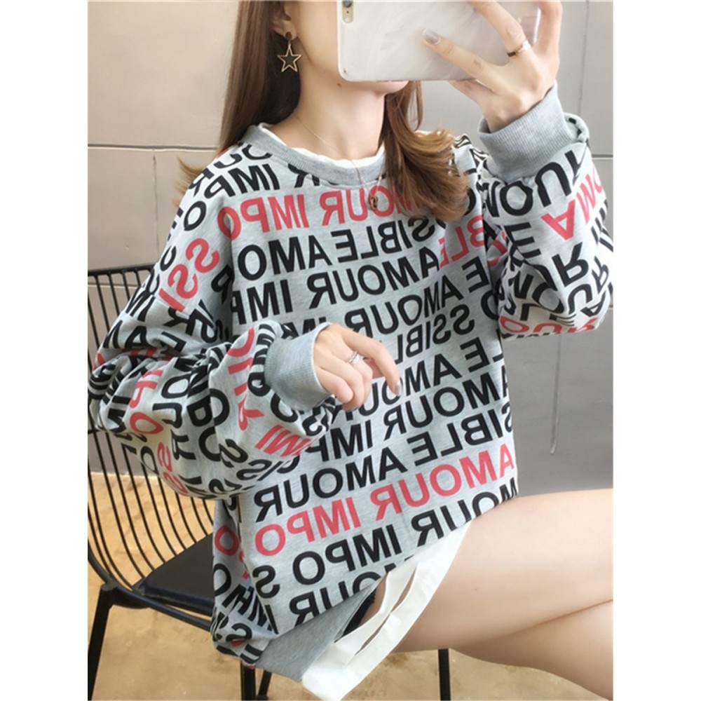 Women's Sweatshirt Letters Pattern One Piece Layer Look Loose Sweatshirt