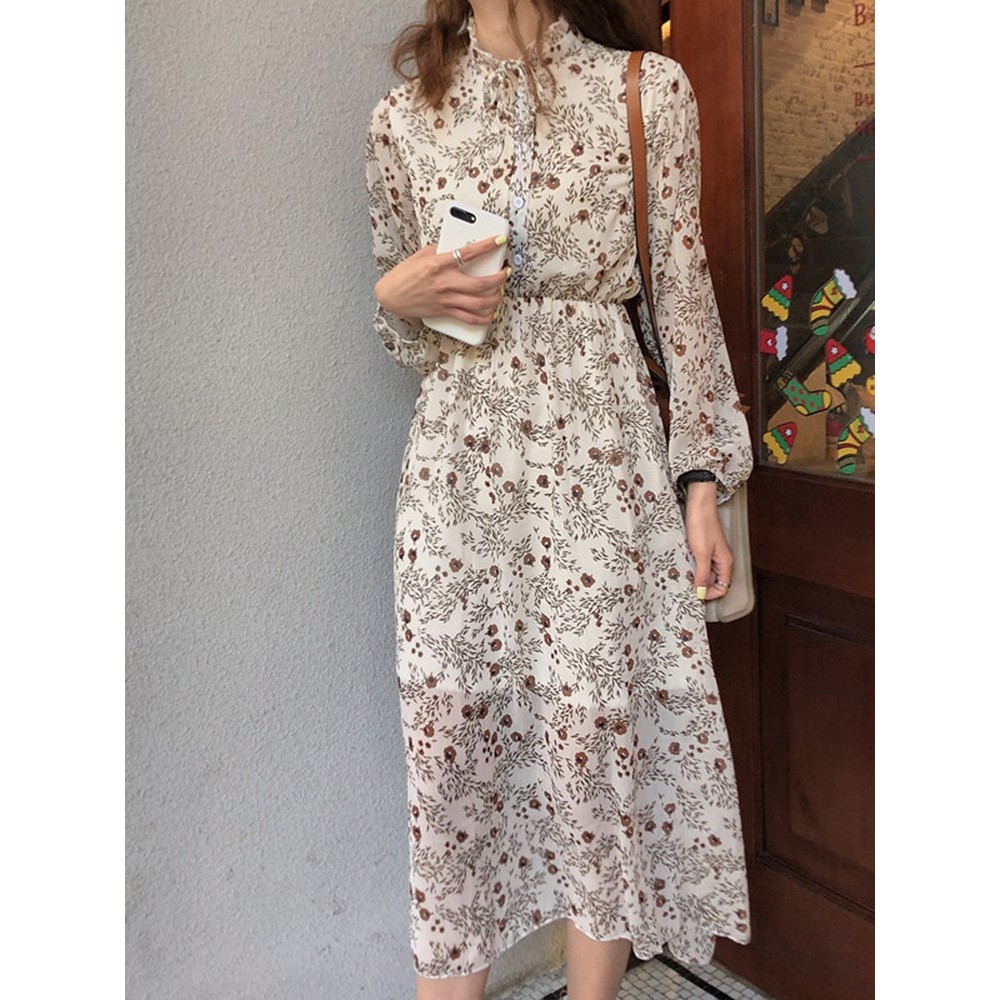Women's Tunic Dress Long Sleeve Floral Print Fashion Midi Dress