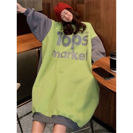 Women's Sweatshirt Dress Color Block Letter Print Long Sleeve Thicken Midi Dress