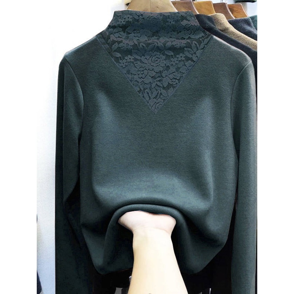 Women's Tee Long Sleeve Solid Color Lace Patchwork Slim Fit Basic Top