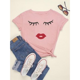 Women's Fashion Cartoon Face Print Tee