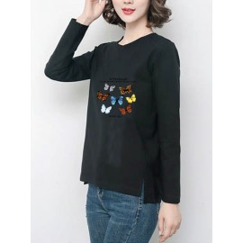 Women's Tee Butterfly Pattern Simple Round Neck Long Sleeve Top