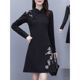 Women's A-Line Dress Fashion Embroidery Mandarin Collar Graceful Midi Dress