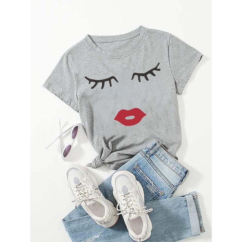 Women's Fashion Cartoon Face Print Tee
