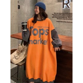 Women's Sweatshirt Dress Color Block Letter Print Long Sleeve Thicken Midi Dress