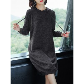 Women's Sweater Dress Hooded Long Sleeve Solid Color Casual Midi Dress