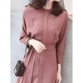 Women's Tunic Dress Solid Color Long Sleeve O Neck Feminine OL Midi Dress