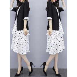 Women's Two-Piece Outfit Fashion Half Sleeve Blazer Heart Print Midi Dress Set