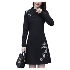 Women's A-Line Dress Fashion Embroidery Mandarin Collar Graceful Midi Dress
