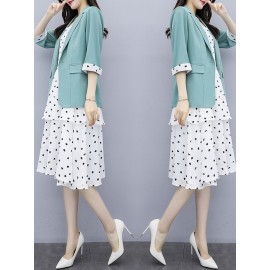 Women's Two-Piece Outfit Fashion Half Sleeve Blazer Heart Print Midi Dress Set