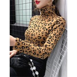 Women's T-shirt Slim Fit Long Sleeve Turtle Neck Leopard Modest Top