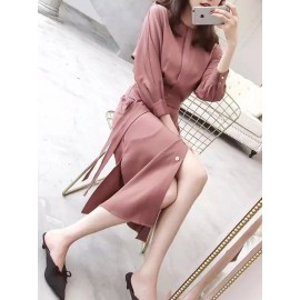 Women's Tunic Dress Solid Color Long Sleeve O Neck Feminine OL Midi Dress