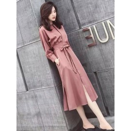 Women's Tunic Dress Solid Color Long Sleeve O Neck Feminine OL Midi Dress