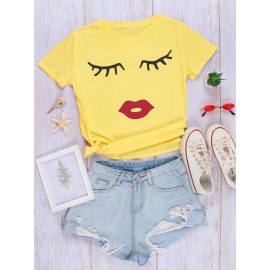 Women's Fashion Cartoon Face Print Tee