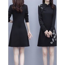 Women's A-Line Dress Fashion Embroidery Mandarin Collar Graceful Midi Dress