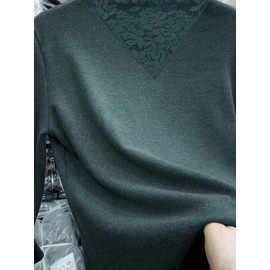 Women's Tee Long Sleeve Solid Color Lace Patchwork Slim Fit Basic Top