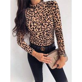 Women's Tee Long Sleeve Leopard Pattern Slim Fit Glamorous Top