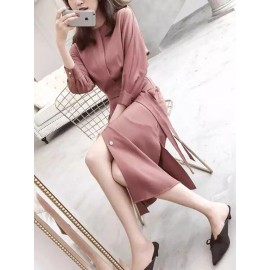 Women's Tunic Dress Solid Color Long Sleeve O Neck Feminine OL Midi Dress