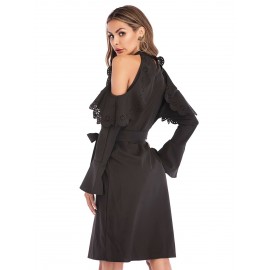 Women's Tunic Dress Hollow Shoulder Flare Sleeve Solid Color Midi Dress