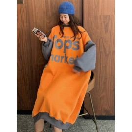 Women's Sweatshirt Dress Color Block Letter Print Long Sleeve Thicken Midi Dress