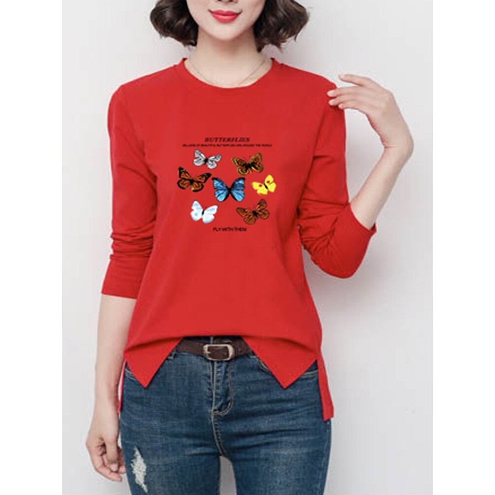 Women's Tee Butterfly Pattern Simple Round Neck Long Sleeve Top