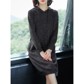 Women's Sweater Dress Hooded Long Sleeve Solid Color Casual Midi Dress