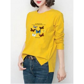 Women's Tee Butterfly Pattern Simple Round Neck Long Sleeve Top