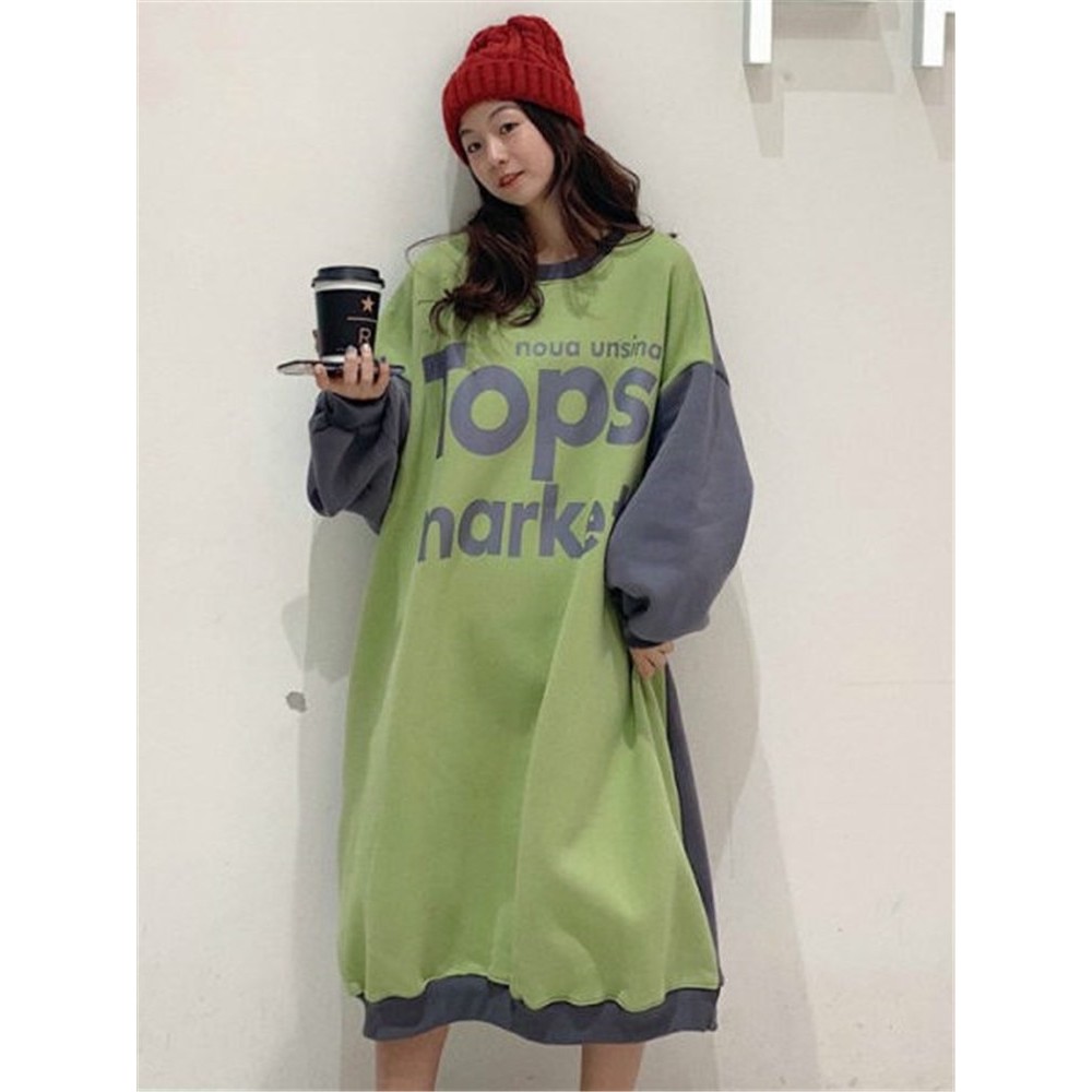 Women's Sweatshirt Dress Color Block Letter Print Long Sleeve Thicken Midi Dress