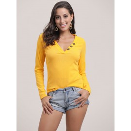 Women's Pullover V Neck Long Sleeve Solid Color Button Casual Knitwear
