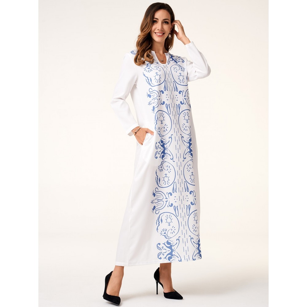 Women's Kaftan Dress Elegant Long Sleeve Print Pocket Plus Size Arabian Clothing