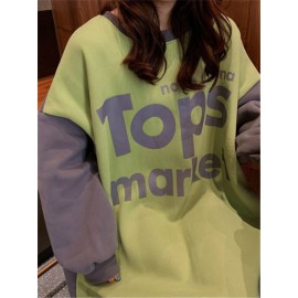 Women's Sweatshirt Dress Color Block Letter Print Long Sleeve Thicken Midi Dress