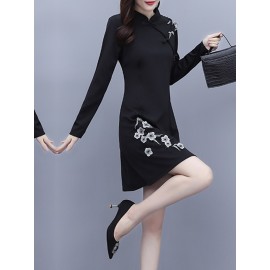 Women's A-Line Dress Fashion Embroidery Mandarin Collar Graceful Midi Dress