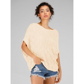 Women's Pullover Sweater O Neck Solid Color Hollow Out Short Sleeve Knitwear