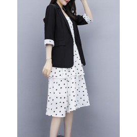 Women's Two-Piece Outfit Fashion Half Sleeve Blazer Heart Print Midi Dress Set