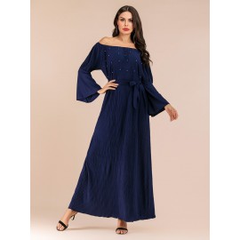 Women's Aline Dress Pleated Flare Sleeve Slash Neck Arabian Dress