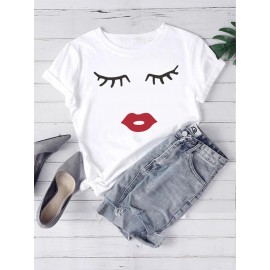 Women's Fashion Cartoon Face Print Tee