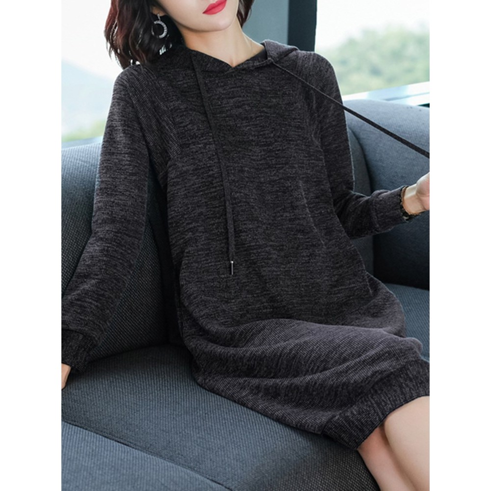 Women's Sweater Dress Hooded Long Sleeve Solid Color Casual Midi Dress