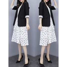 Women's Two-Piece Outfit Fashion Half Sleeve Blazer Heart Print Midi Dress Set