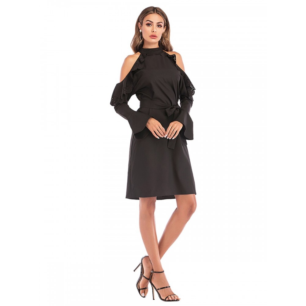 Women's Tunic Dress Hollow Shoulder Flare Sleeve Solid Color Midi Dress