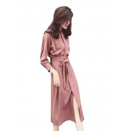 Women's Tunic Dress Solid Color Long Sleeve O Neck Feminine OL Midi Dress
