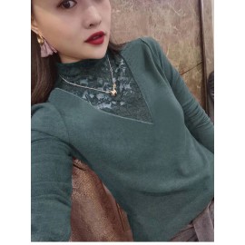 Women's Tee Long Sleeve Solid Color Lace Patchwork Slim Fit Basic Top