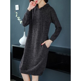 Women's Sweater Dress Hooded Long Sleeve Solid Color Casual Midi Dress