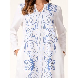 Women's Kaftan Dress Elegant Long Sleeve Print Pocket Plus Size Arabian Clothing