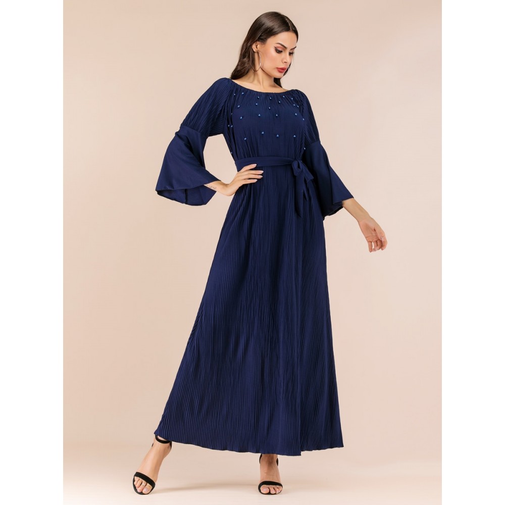 Women's Aline Dress Pleated Flare Sleeve Slash Neck Arabian Dress