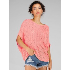 Women's Pullover Sweater O Neck Solid Color Hollow Out Short Sleeve Knitwear